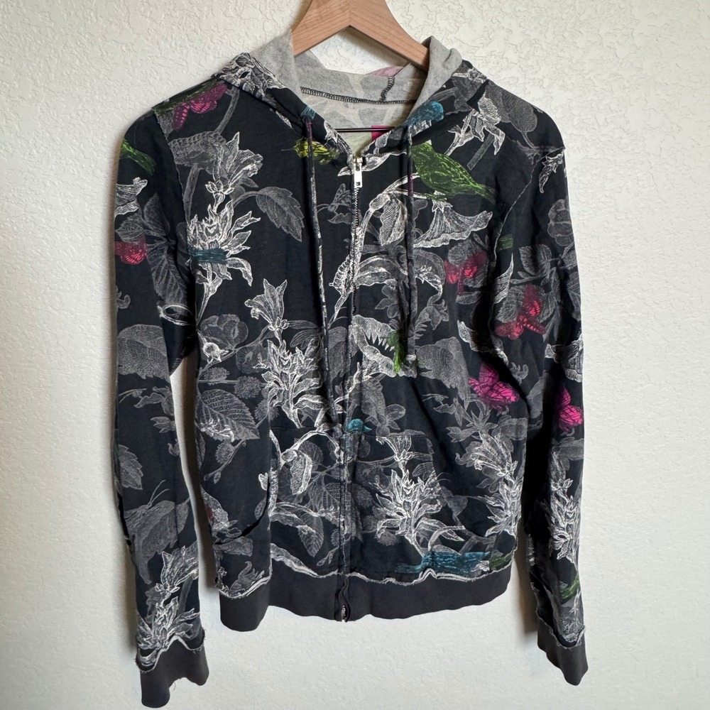 Y2K Fairycore Truly Madly Deeply Bird Butterfly Zip Up Hoodie Size Medium Black